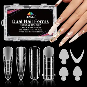 288PCS Nail Dual Forms for French Nails, Poly Gel Nail Forms Molds with 96PCS Duet System Dual Forms Sticker Reusable Pads, 4 Styles Scale Acrylic Nail Forms for Manicure Extension