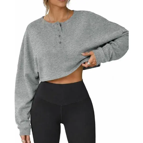 Fisoew Womens Long Sleeve Sweatshirt Tops Cropped Henley Neck Loose Fit Casual Workout Pullover Tee Shirts Fall Fashion,back to school,back to school shopping