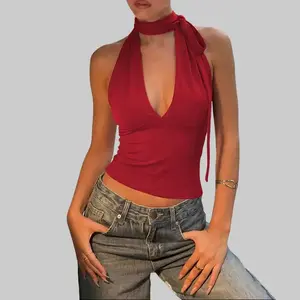 Halter Neck Deep V Front Draped Open Back Crop Top with Long Sash Ties Back Tie Detail Women's 2026 Spring Sexy Elegant Glamorous Chic Slim-Fit Party Top summerwins