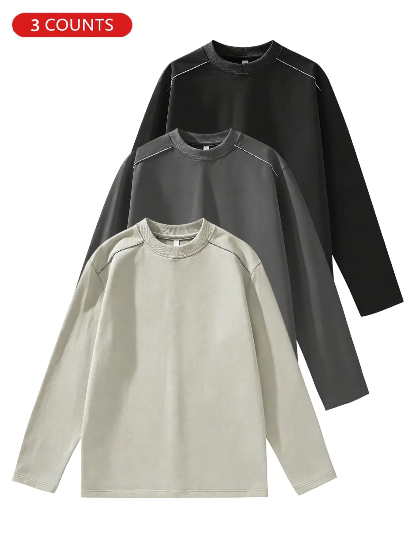 3-Pack Men's Loose Fit Baggy Oversize Minimalist Long Sleeve T-Shirts, Casual Round Neck Street Style Aesthetic Tops, Spring & Fall Fashion