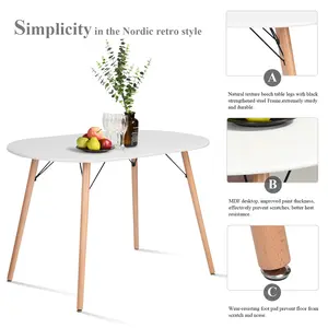 Homy Casa Mick 47.2 Oval Round Dining Table White Mid Century Modern Design for Home Office Kitchen Living Room Bistro Computer Writing Desk Stable Wood Legs