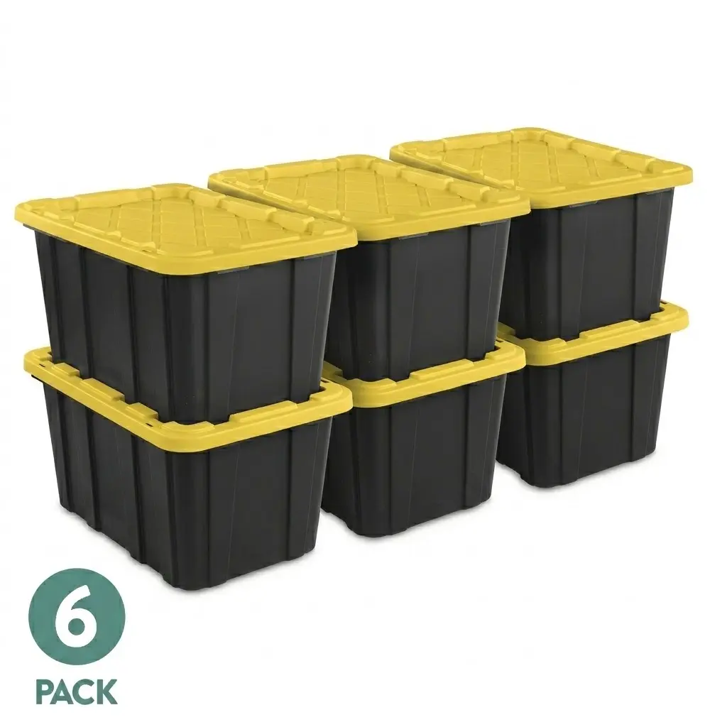 Sterilite Large Storage Bin, 27 Gallon Durable Plastic Storage Tote with Snap-On Lid, Black and Yellow, 6 Pack