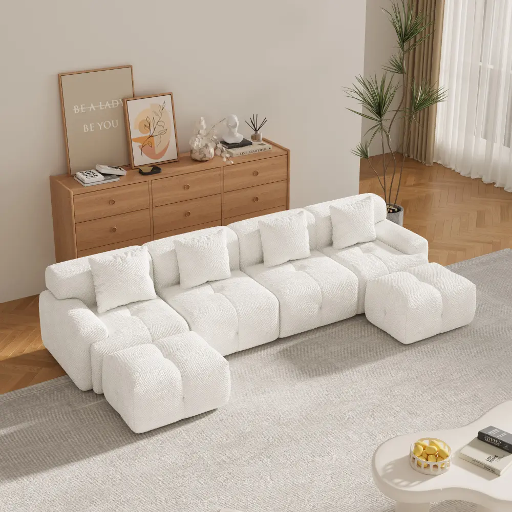135.4-in U-Shaped Modular Dual-Function Sofa Bed - Oversized 4-Seater Frameless Elegance Large Cushiony Convertible Sofa Set, Includes 2 Ottomans & 4 Cushions, Corner Square Cloud-Quilted Floor Lounger for Living Room, Elegance Sofa Sets, Large Sofa Sets