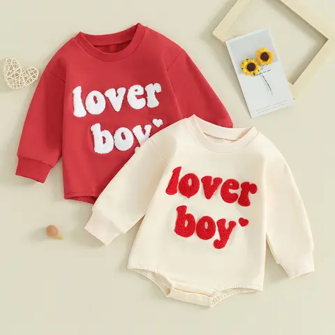 REDWOON Newborn Baby Boy Valentines Day Outfit Lover Boy Embroidery Sweatshirt Bubble Romper Oversized Onesie Long Sleeve  Outfit