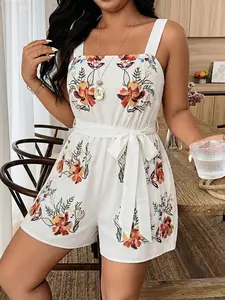Plus Size Women's Sleeveless Floral Printed Romper, Summer Casual Short Belted Jumpsuit, Beach Vacation Bohemian Boho Style, Perfect for Holidays