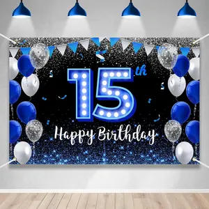 Large Happy 15th Birthday Backdrop Banner Blue Black Theme Decor with Blue Neon Light Shiny Fashion Birthday Party Photo Photography Prop Booth Background for Boys Girls Celebration 98.4x65in-