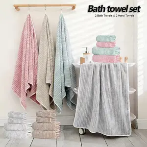 4Pcs Bath Towel Set Striped Pattern Towel Vertical Stripe Pattern, 2 Bath Towels + 2 Hand Towels, Soft Absorbent Skin-Gentle for Bathroom, Hotel & Pool