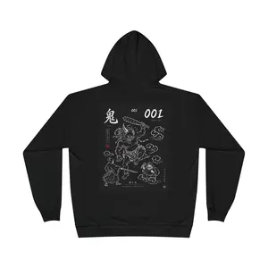 Men's Demon Oni Graphic Hoodie - Japanese Yokai Streetwear Tops, Casual Classic Knit with Kangaroo Pocket