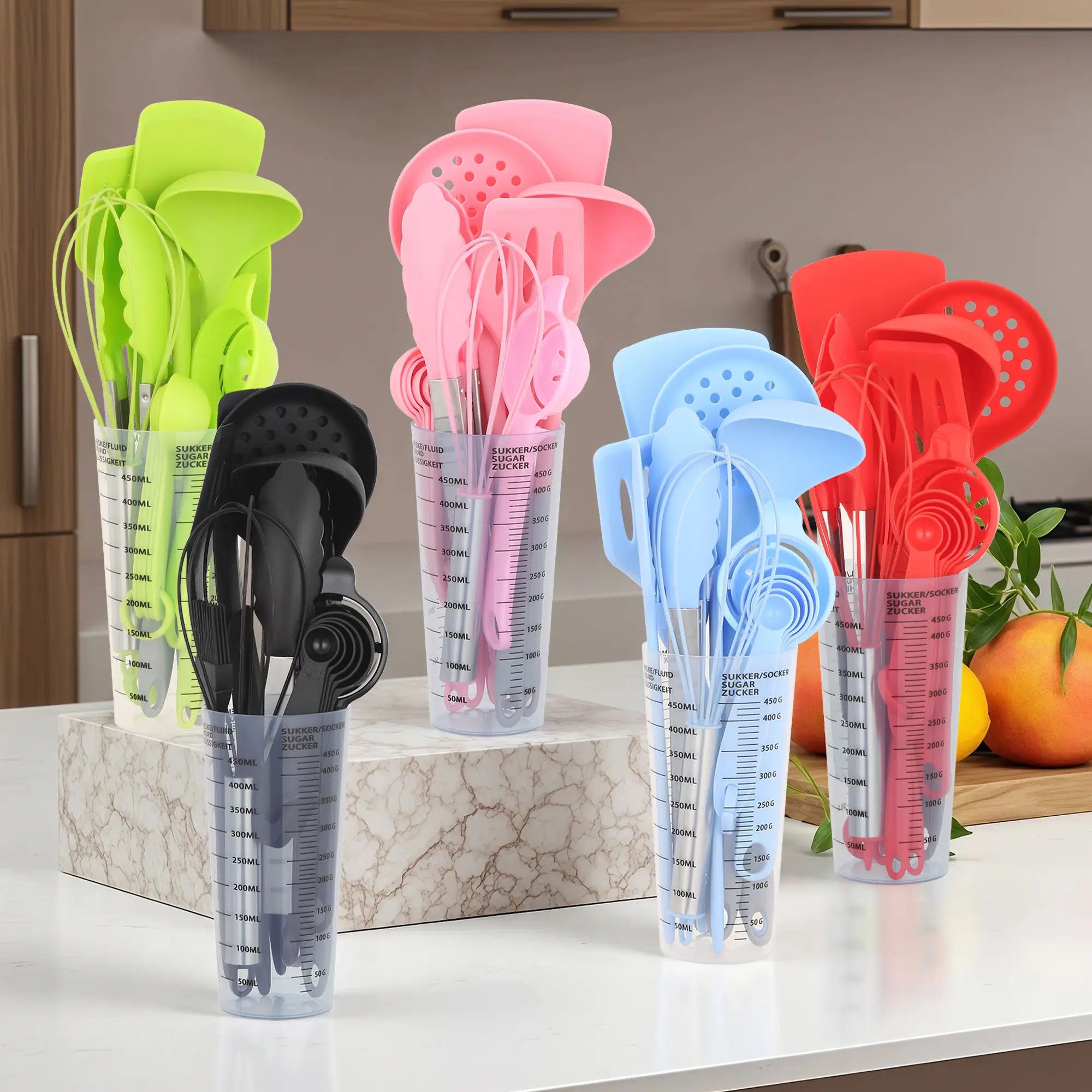 16-Piece Premium Silicone Kitchen Utensil Set - Heat-Resistant, Non-Stick Tools with Whisk, Ladle, Tongs, Spatula, Measuring Cup & Organiser