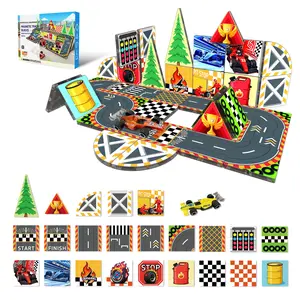 Designer Magnetic Tiles Building Blocks Set,Race Car Track Set for Kids ,Creative Magnetic Blocks with Race Car，Build Mine Magnet World Cubes， STEM Montessori  Sensory Toys  for Kids 3+ Boys Girls ，Educational Toddler Kids Toys , Christmas Birthday Gifts