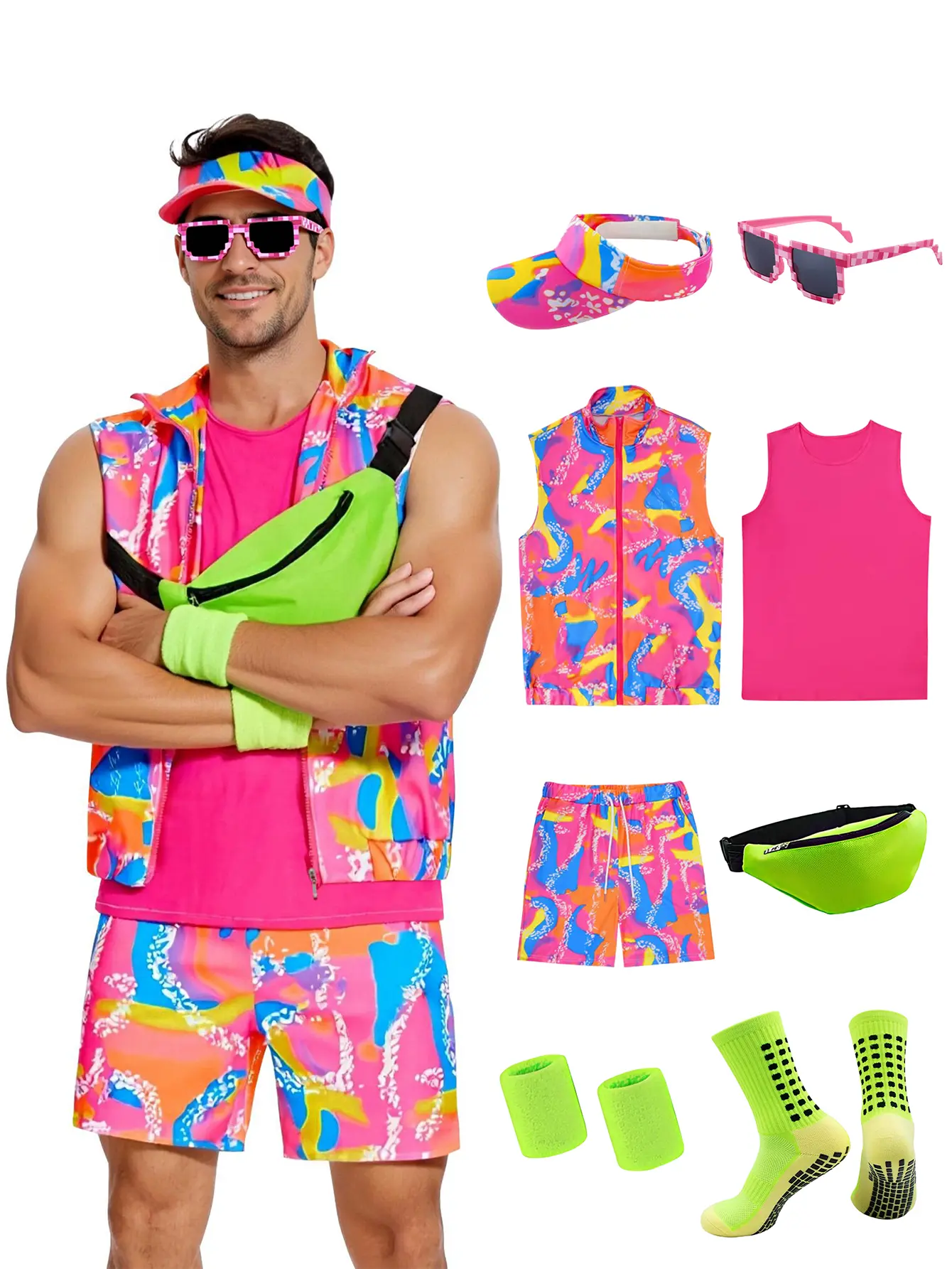 Men's 10-Piece 80s-90s Vibrant Gym Clothes Set - Summer Casual Resort Outfit, Halloween Adult Cosplay Costume with Shorts, Socks, Fashion Accessories