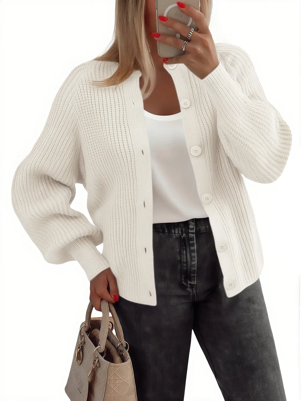 Lady's 2025 Chunky Knit Cardigan Top, Long-Sleeve Crew Neck Button-Down Chic Knitwear with Soft Fabric for Fall Fashion, Piece, Crop, Button Front, Work, Knitted