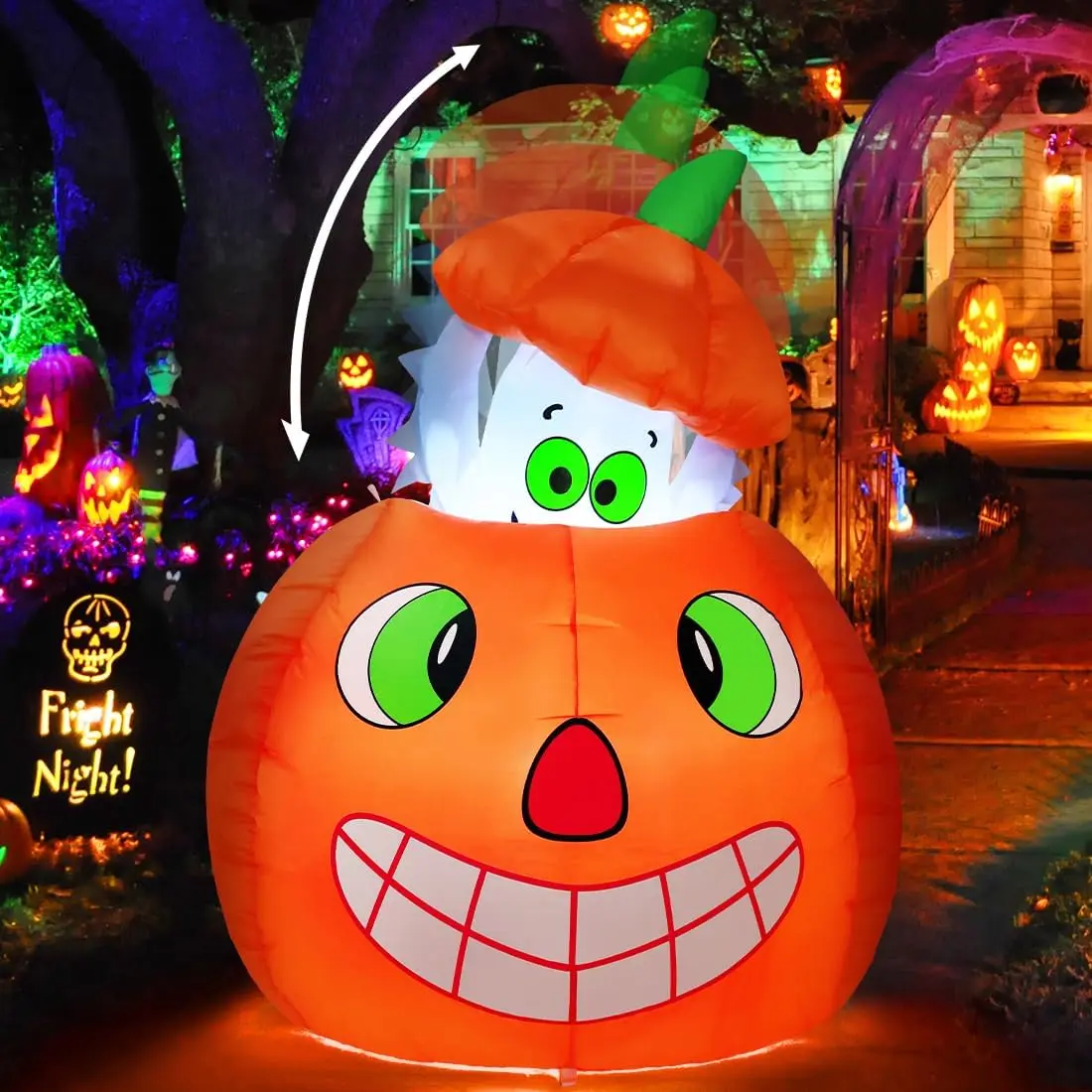 5ft Halloween Inflatable Pumpkin Ghost Decoration - with Animated Motion, Built-in LEDs - Cute Blow Up Ornament for Porch, Lawn