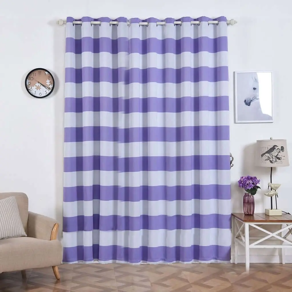2-Piece Home Decoration Curtains, White/Lavender Lilac Cabana Stripe Thermal Blackout Darkening Anti-Light Bedroom Panels, Chrome Grommet Top Privacy Window Treatment, 52"x96", Home Decoration Curtain