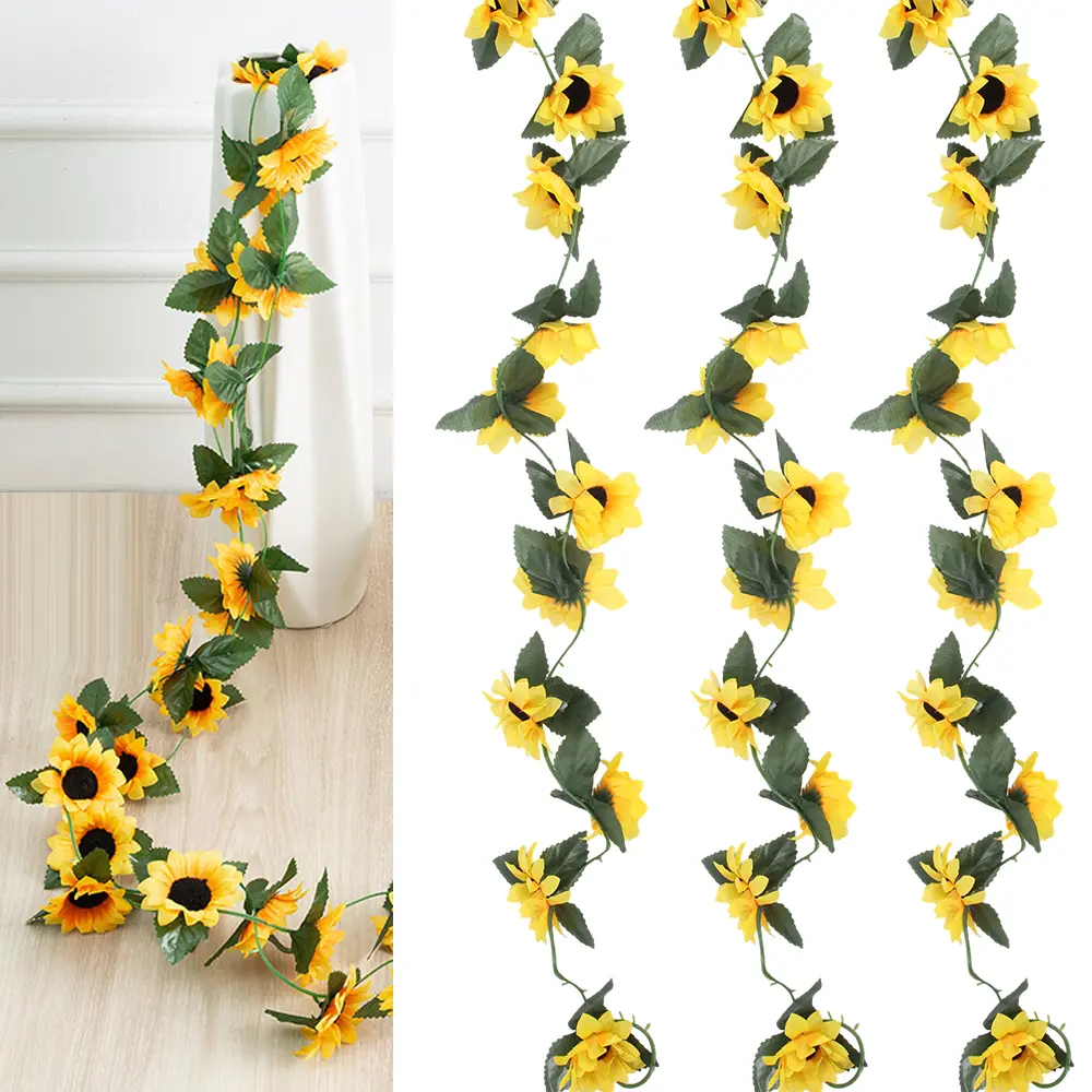3 Pack Artificial Sunflower Garland, 7.5ft/Strand Silk Sunflowers Hanging Vines Flowers with Green Leaves for Room Kitchen Garden Birthday Wedding Party Table Decor Large