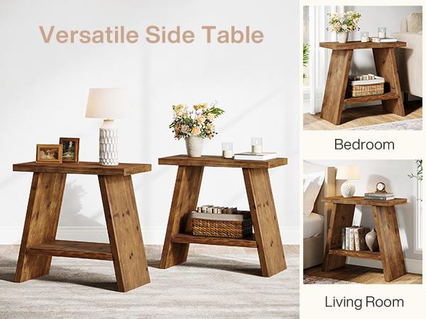 LITTLE TREE Solid Wood End Table for Living Room, Narrow Small Side Table with 2-Tier Storage, Farmhouse Bedside Nightstand for Bedroom, Small Places