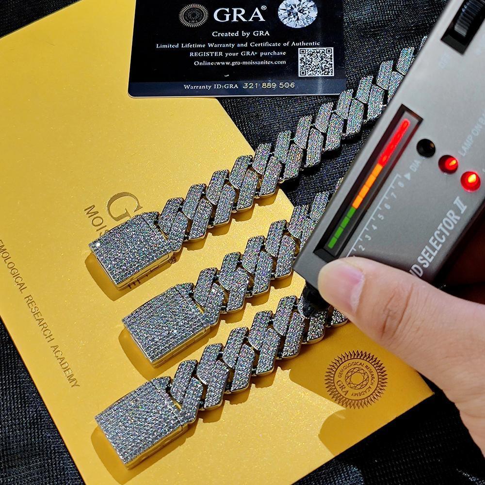 Thick 20-25mm Silver Three Rows Prong Setting Cuban Link Iced Out Hip Hop White Moissanite Chain Jewelry Women Men Gifts