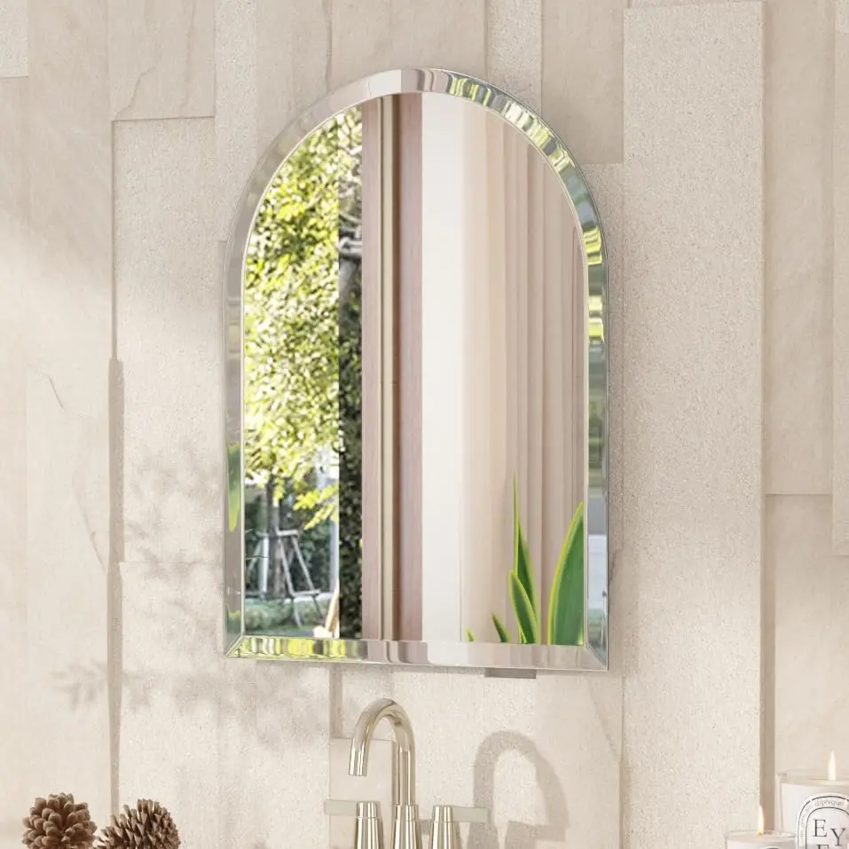 Frameless Arch Mirror, 18" x 26" Bathroom Wall Mirror with Beveled Edge, Modern Decorative Vanity Mirrored for Living Room, Entryway, Bedroom | 1/4-Inch Shatterproof Glass