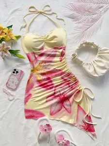 Women's Vintage Floral Halter Dress, Side Drawstring Tie Adjustable Asymmetrical Bodycon Mini Skirt, Beach Vacation Party