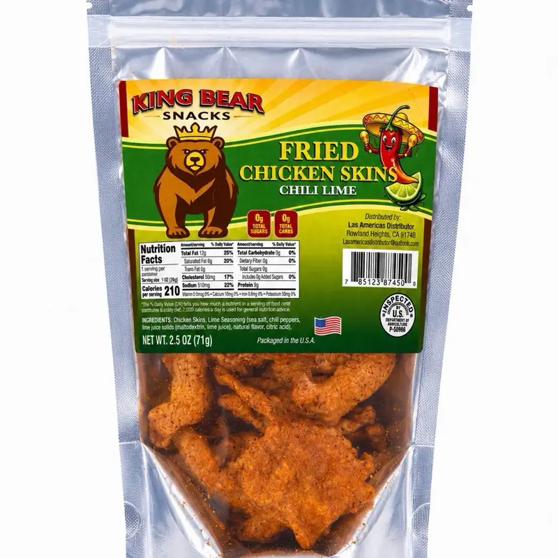 King Bear Snacks Fried Chicken Skins Crispy & Savory NOW 2.5  oz Pack Made in the USA (CHILI LIME)