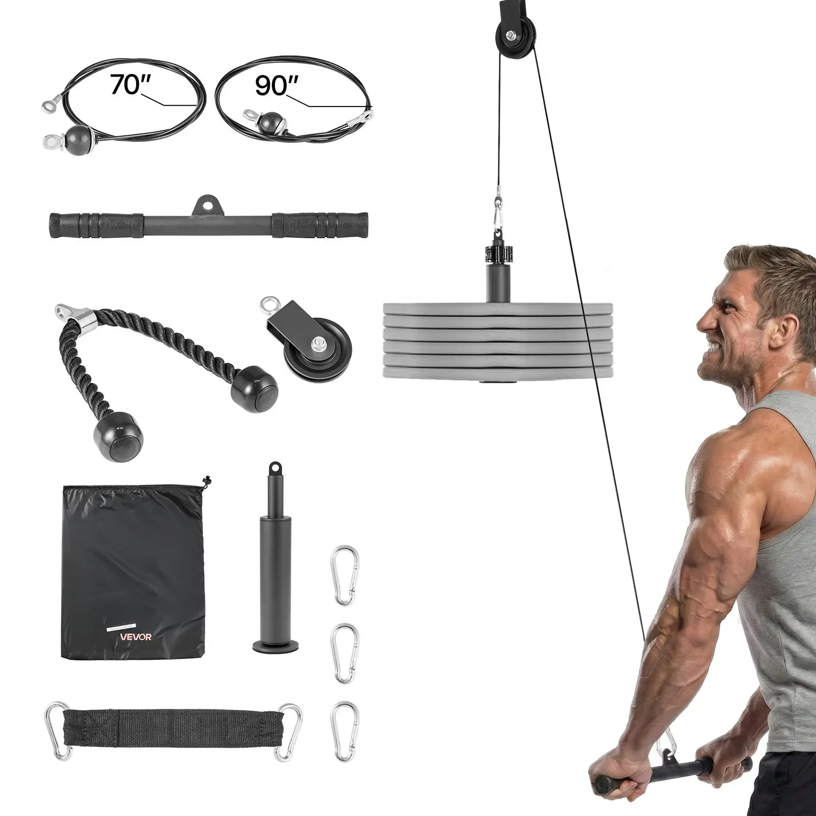 【Summerfinds】VEVOR Pulley System, 1 PC LAT and Lift Pulley System, Gym Rack Pulleys Attachment with two Steel Cables, Short Bar, Dual Grip Handles, Cable Machine for Bicep, Shoulder, Back, Up to 280 lbs Capacity