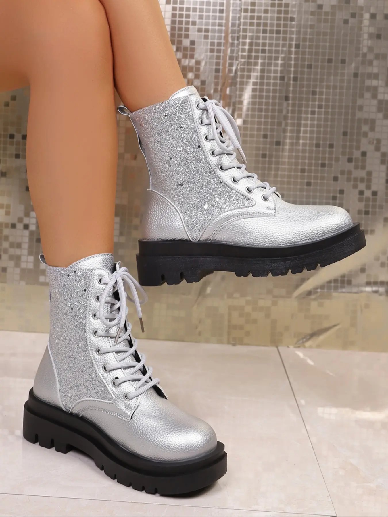 Women's Silver Glitter Combat Boots with Lace - Up Design, Chunky Platform Sole, Stylish & Edgy Footwear for Fashion - Forward Looks, Versatile Boots for Casual or Night Out Occasions, Trendy Boots