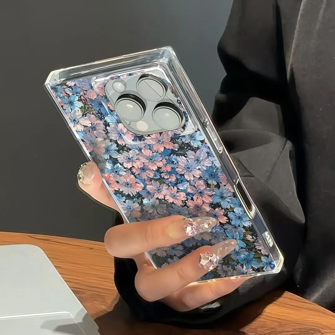 1-Piece New Fashion Square Smartphone Case with Floral Pattern - Drop/Shock-Proof Full Coverage Handheld Cellphone Protection for iPhone 12/13/14/15/16 Series Models - Great Gift for Device Users, Devices