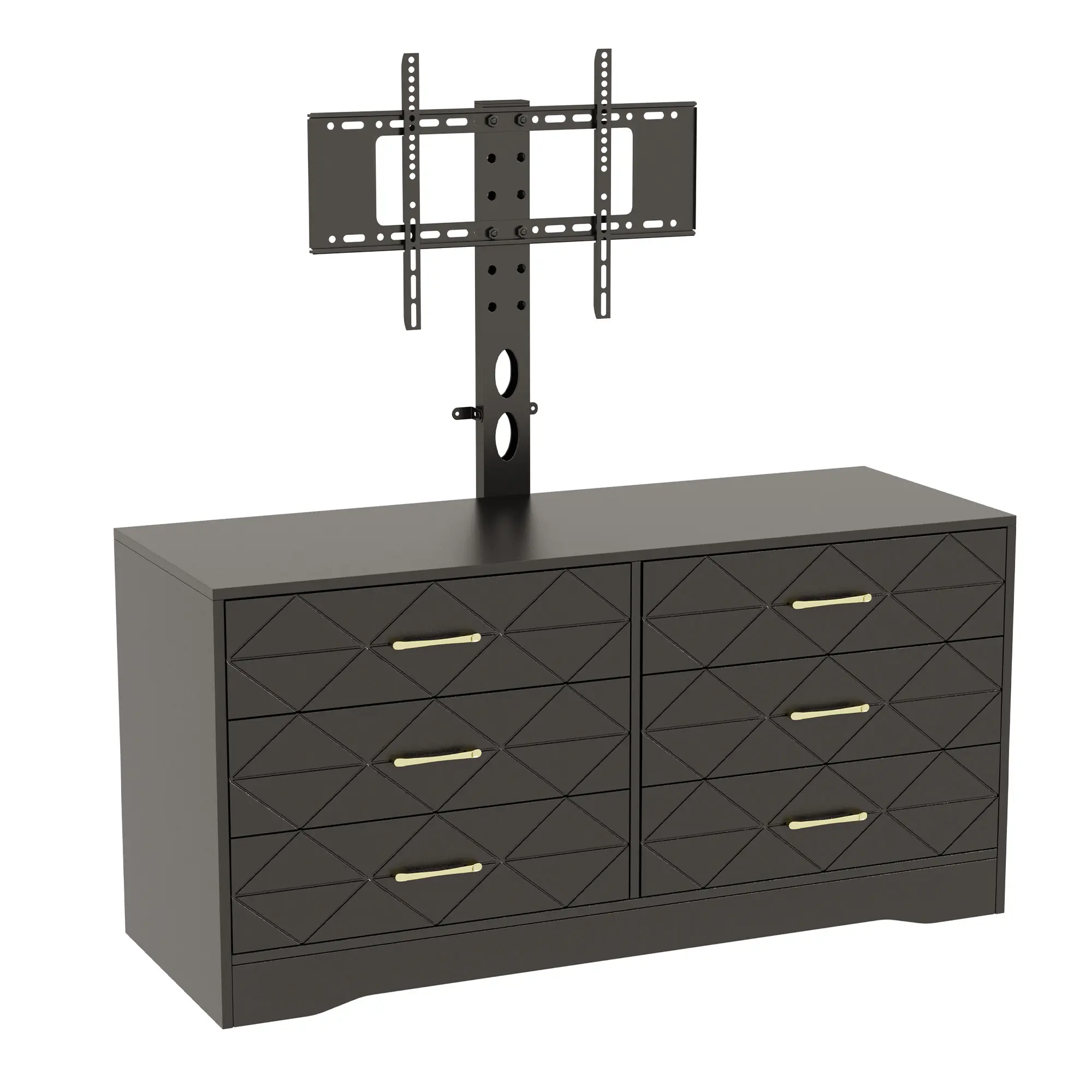 Designer Freestanding TV Dresser with Mount, 6-Drawer Storage Cabinet, Bonus Top Tray, 47.2" W x 15.7" D x 23.6" H Flexible Height Adjustable TV Stands & Multimedia Centres for Bedroom Living Room, With Drawers