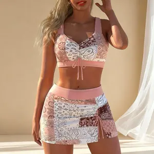 Women's 2-Piece Tankini Swimsuits Set - Pink & White Paisley Patchwork Drawstring Crop Top, Ruched Side Swim Skirt