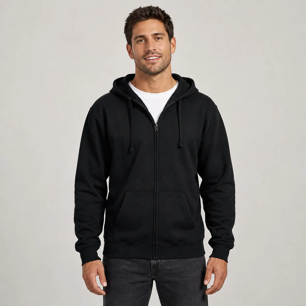 Men’s 10 oz Black Full-Zip Hoodie, Combed Cotton Blend, Concealed Zipper, Rib-Knit Cuffs & Waistband, Everyday Sweatshirt