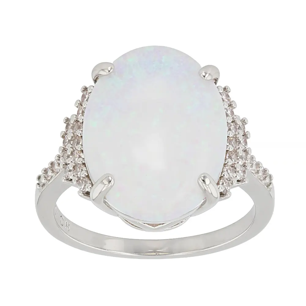 JTV Opal and White Cubic Zirconia Rhodium Plated Ring 3.99ctw
