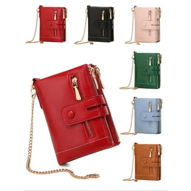 Bifold Zipper Wallet with Chain Wristlet | Solid Color PU Leather Coin Purse with Anti-Theft Design | Secure & Durable Wallet for Men & Women | Ideal for Daily Use & Travel