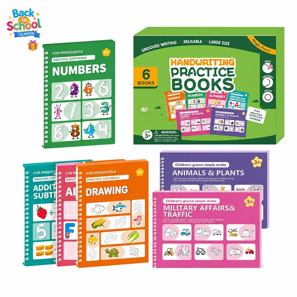 Reusable Preschool 6-Book Set Activity Kit, Screen-Free Handwriting Aid with Magic Writing Books, Pen, Alphabet-Numbers Drawing Practice, Fine Motor Skills Toy, Montessori Homeschool Supplies for Ages 3-6