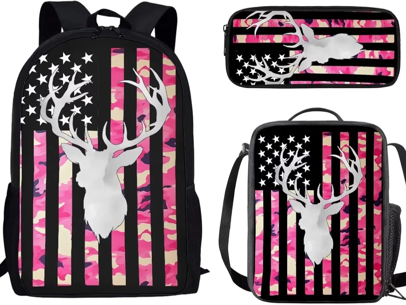 Girls' 3PCS Waterproof Female School Backpack Set - Pink Camo, American Flag, White Deer Head Prints, Large Capacity with Thermal Linings, Insulated Lunch Box, Pencil Pouch, Wide Straps for Youth Hunter Wildlife Lovers (Sports & Outdoor Gym Bag Accessory)