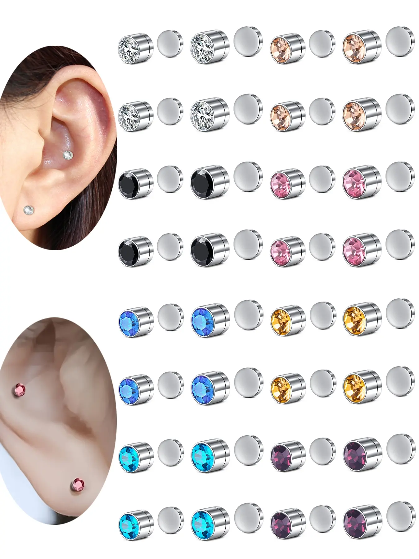 Magnetic Earring Studs Nose Studs Fake Nose Studs Ear Clips with Multicolor Cubic Zirconia, Punk Style Jewelry Clip On Earrings Stainless Steel No Need Piercing Fake Nose Rings Earring Jewelry All Seasons Wear Non Piercing Jewelry Body Jewelry