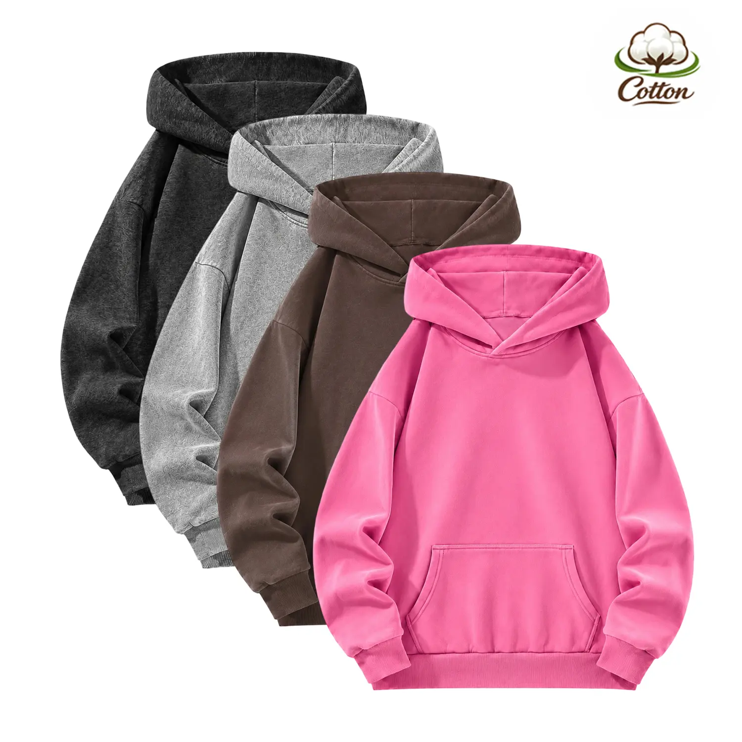 Women's Vintage Soft Baggy Plain Long-Sleeve Acid-Washed Cotton Blend Hoodie Sweats - Loose-Fit, Medium Length, Casual Fall/Winter New Arrival, Machine Wash, Unisex Everyday Wear Tops, Acid-Wash Raw, Hooded Neck