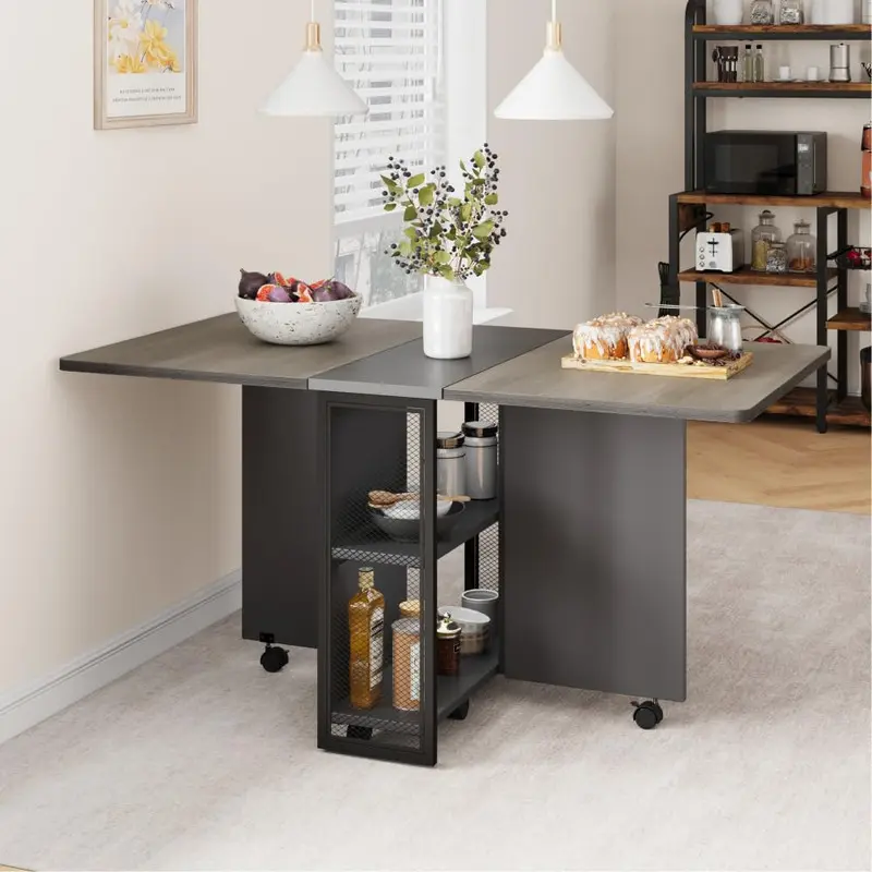 Grey Pin-Control Foldable Extendable Rectangular Dining Table - 6-Wheel Base, 15mm Thick Tabletop, 2-Layer Storage Shelves, 150-Lb Stable Indoor Furniture, Space-Saver for Dining Room & Office, Multi-Use Computer Desk
