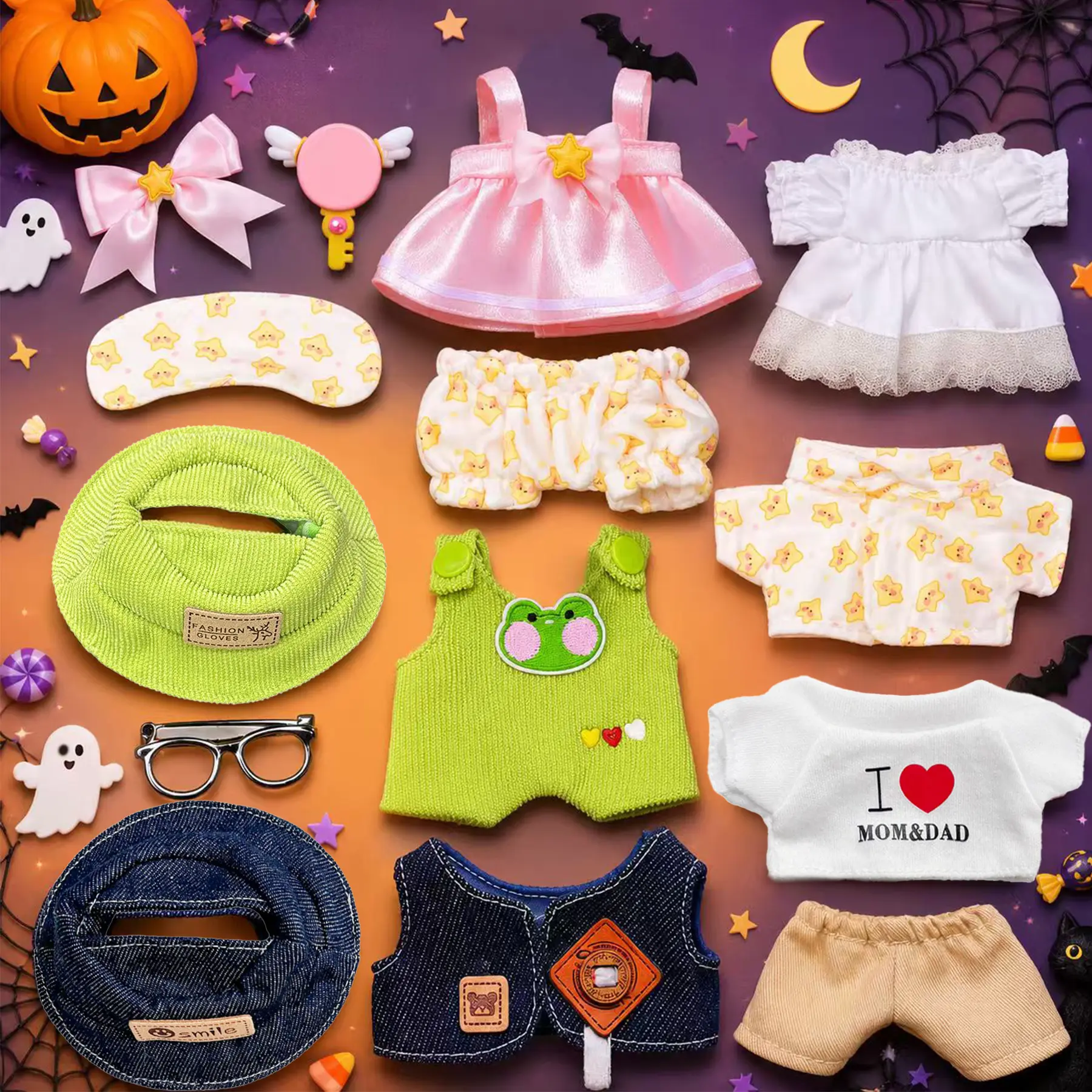 Kireidane 13/14-Piece Polyester Fabric Doll Clothes & Accessories Set for 6-Inch Plush Dolls, Mini Dress-Up Outfits with Hats, Shirts, Pants, Dresses, Bows & Glasses, Halloween party Gift for Plush Doll Styling, Pretend Play & Shelf holiday Display