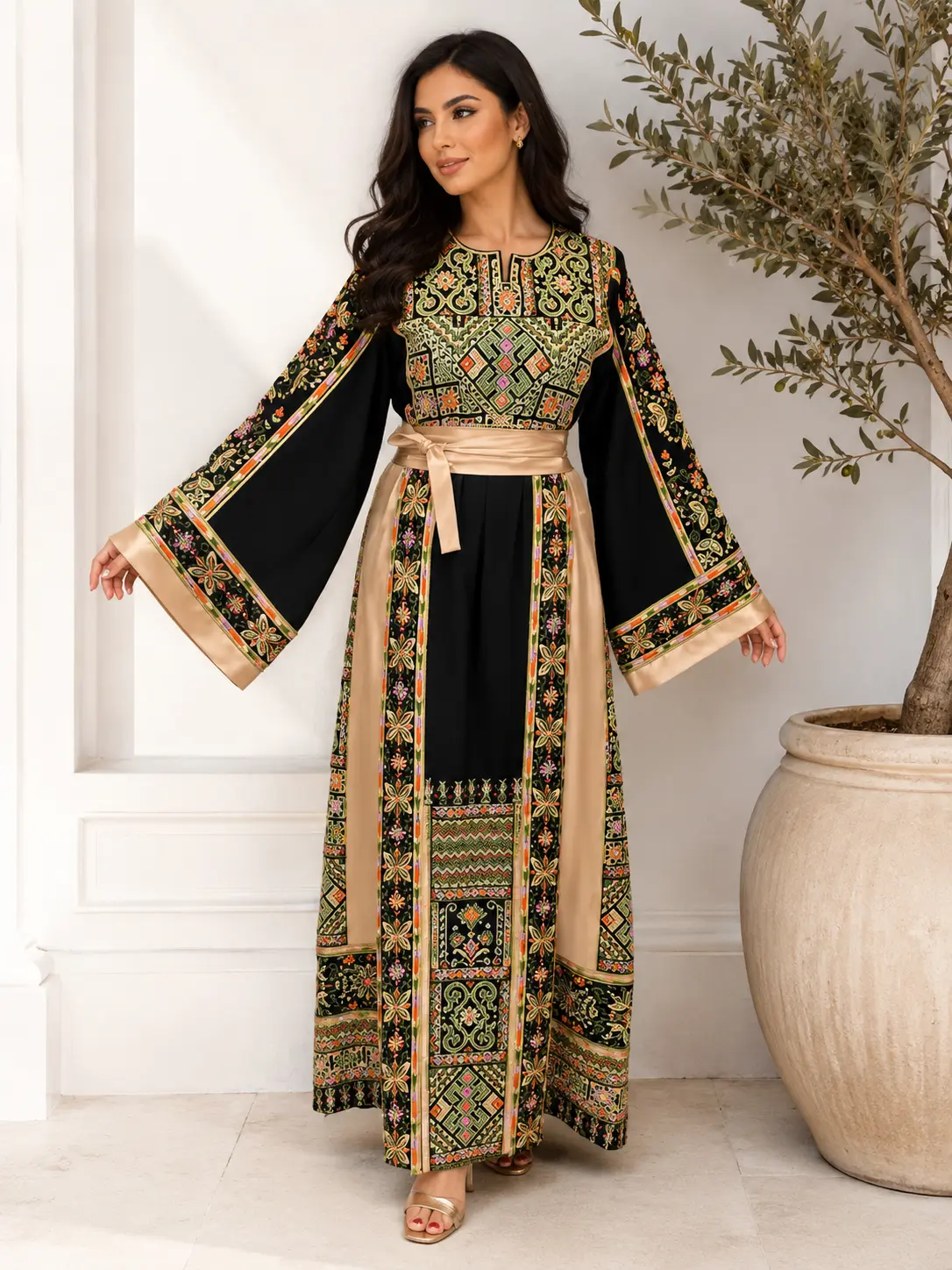 Lady's Full-Length Abaya Gown in Crepe - Contemporary Tailoring with A-Line Silhouette and Bold Red Accents for Weddings, Longsleeves, Embroidery, Women's Clothes, Thobe Dress, Traditional Palestinian, Modest Fashion Inspo, Geometric Floral Embroidery, Bo