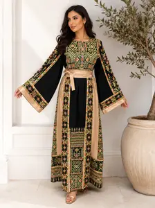 Women's Traditional Jordanian-Palestinian Thobe - Modest Lady's Tatreez Embroidery, Geometric Floral Fabric, Elegant Glossy Long Sleeves, Fitted Matching Belt Top