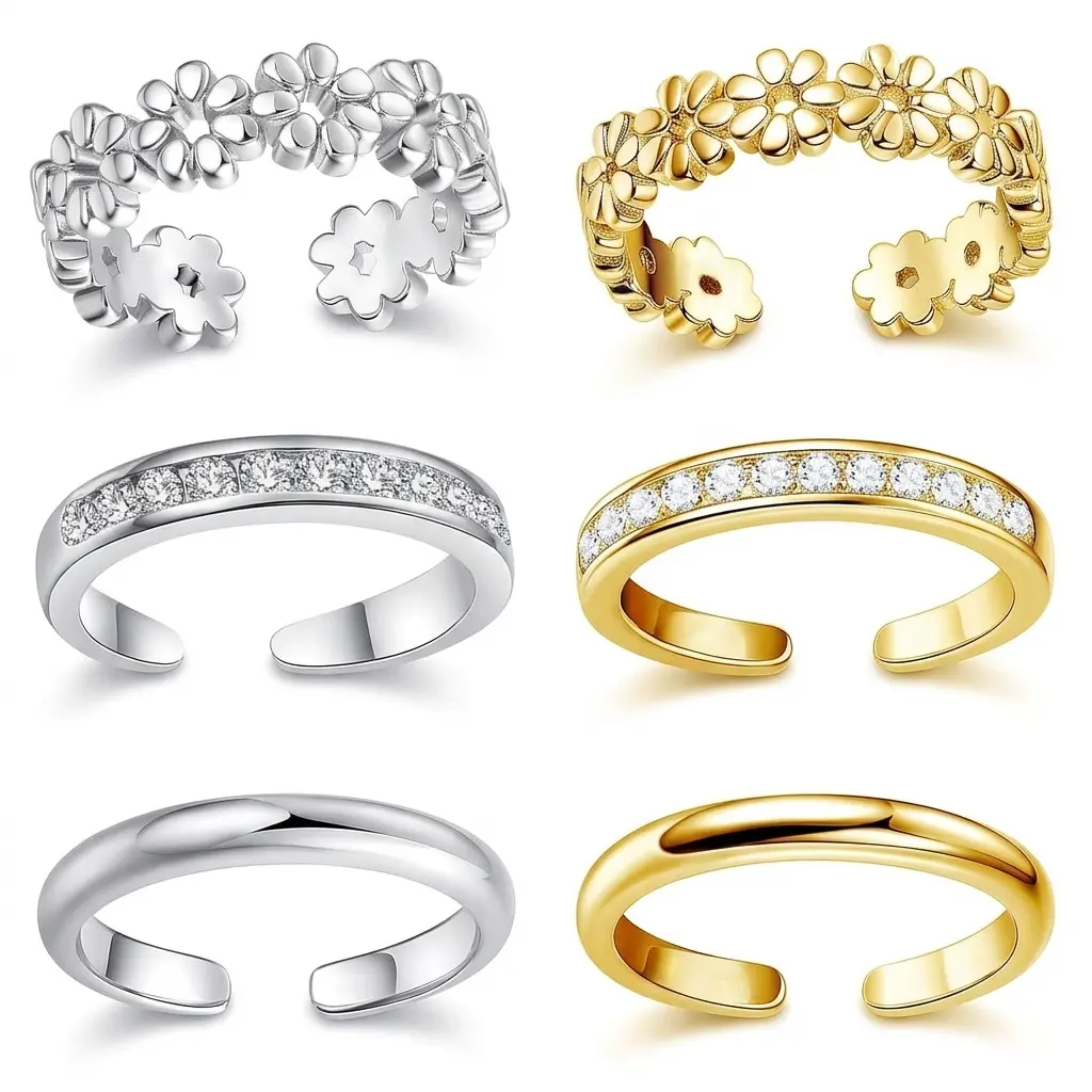 Women's 14K Gold Plated 3Pcs Adjustable Size Toe Rings Set - Copper Base, Non Tarnish Jewelry, Hypoallergenic, Daisy Motif, Round CZ Flower, Open Plain Band, Everyday Wear, Summer Beach Gift, Sohochic Costume Jewelry