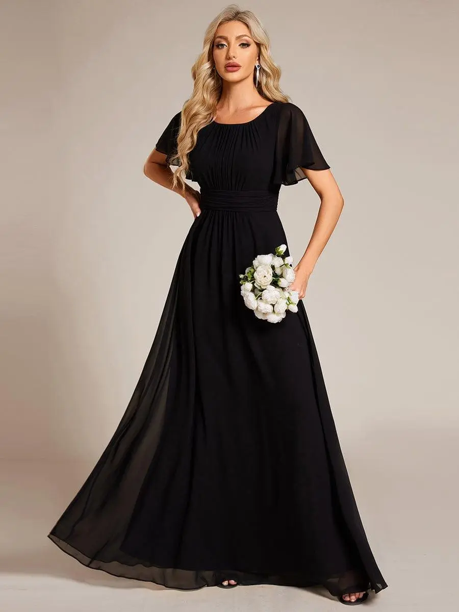 Women's Elegant Bridesmaid Dress - Pleated Breathable Chiffon A-Line Garment with Short Sleeves, Fabric Fit, Zipper for Formal Beach Weddings, Formal Wear Women's Elegant Bridesmaid Dress - Pleated Breathable Chiffon A-Line Garment with Short Sleeves, Fabric Fit, Zipper for Formal Beach Weddings, Formal Wear