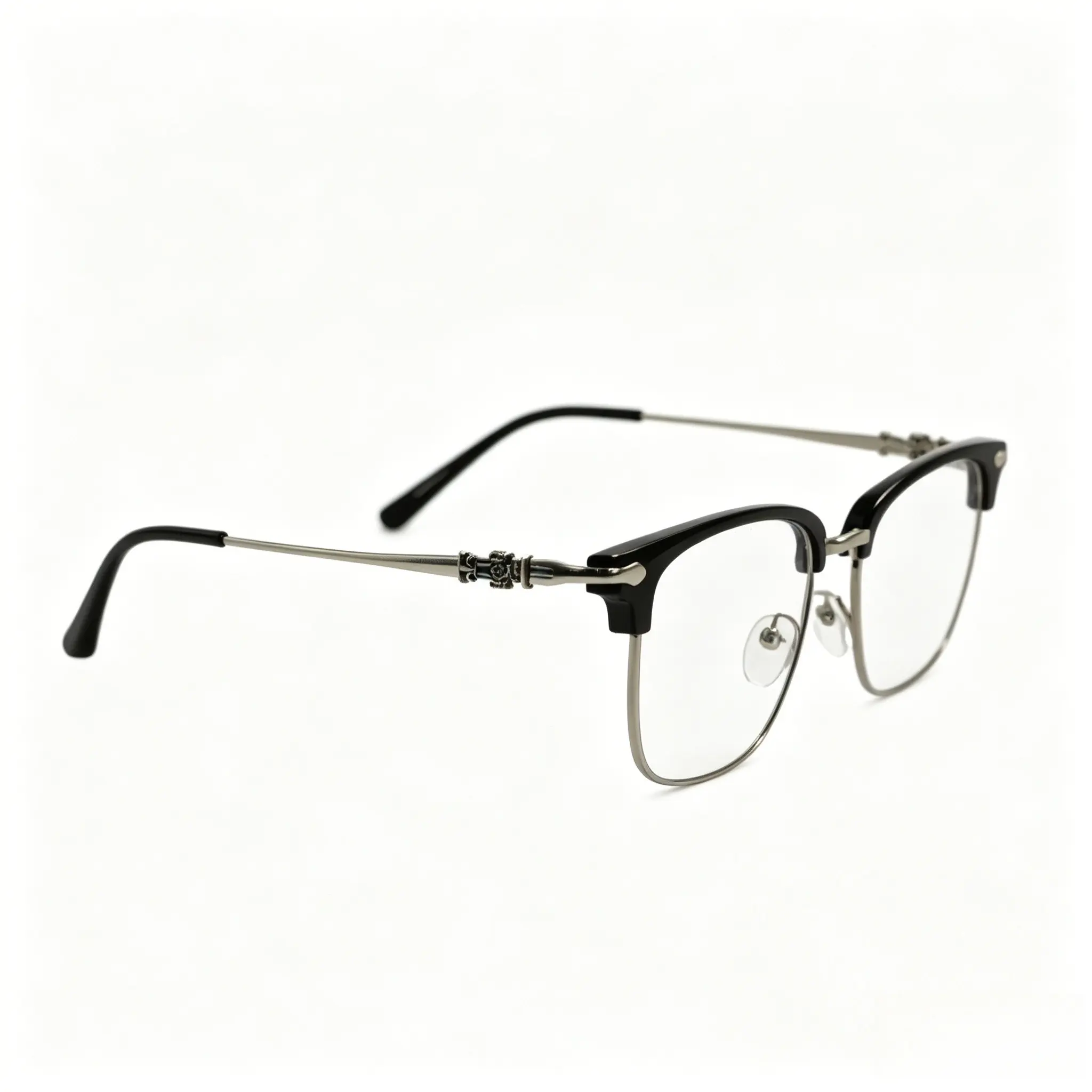 Retro Two-Tone Browline Eyeglasses, Black & Gold Frame Cross Detail Temples Blue Light Lens for Business Work Gaming Daily Wear