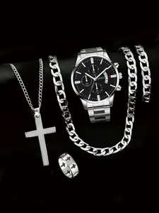 Men's Quartz Watch Set, Silver Color Alloy Calendar Band, Fashion Round Analog Dial, Luxury Accessory Gift for Father Boyfriend