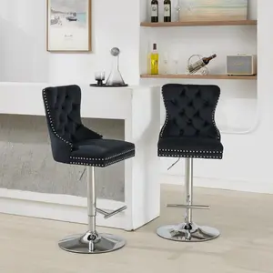 Velvet Bar Stools Set of 2, Swivel Counter Height Bar Stools with Tufted High Back, Silver Metal Base, Adjustable Seat with Nailheads Trim, Upholstered Bar Chairs for Pub, Kitchen Island, Black
