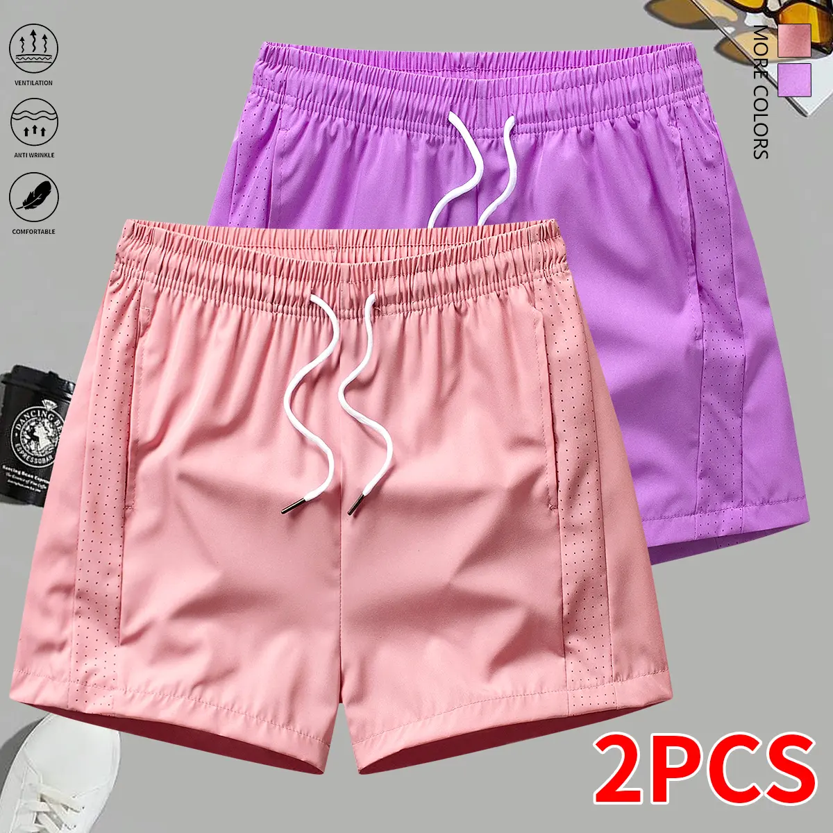 Set of 2 women’s casual athletic shorts: simple, breathable design with side pockets and an elastic drawstring waistband; suitable for outdoor fitness, running, yoga, and casual wear; women’s shorts, womenswear.