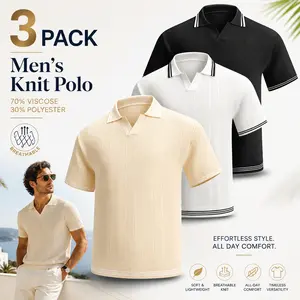3-pack summer 3D cutout breathable knit short-sleeve Polo shirts for men with a V-neck; comfortable and soft—ideal for work, everyday wear, travel, and casual vacations.