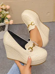 Luxury Snake Print Thick Sole Wedge Shoes, Metal Chain Decor, Waterproof Platform Heels, Comfortable Fashion, Ideal Gift Choice
