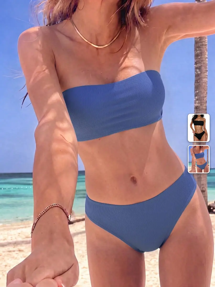 2 Piece Bandeau Bikini Set High Waist Summer Beach Vacation Swimwear