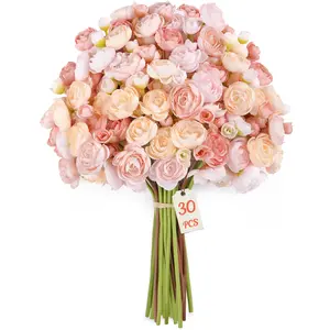 SHareconn 30Pcs Mini Artificial Ranunculus Flowers Faux Silk Spring Bouquets for DIY Wedding Bridal Shower Home Decor Premium Silk Dual Bloom Design